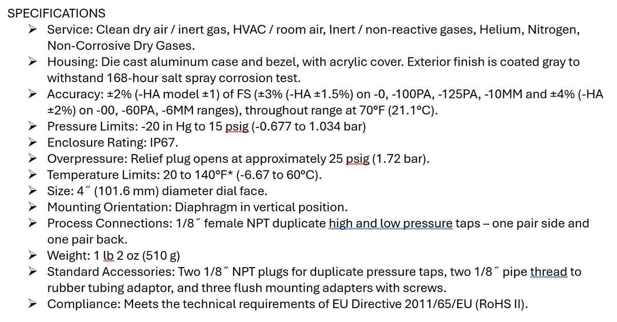 Differential Pressure Gage, Dual Scale: 0-10" w.c. & 0-2.5 kPa